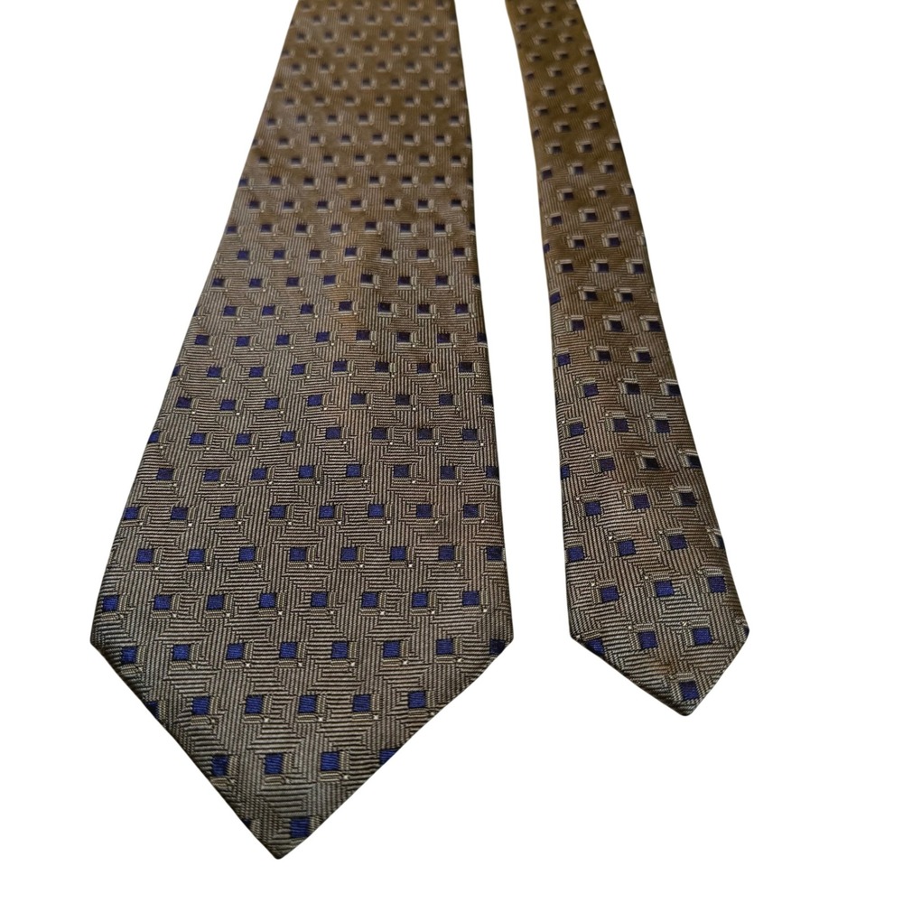 Lauren Ralph Lauren Tie Mens Geometric Square Taupe Blue Silk USA Classic VTG